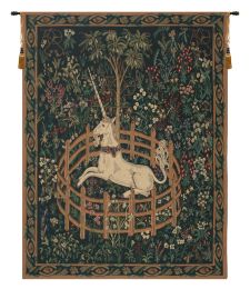 Unicorn In Captivity II (With Border) Tapestry (Size: H 42 x W 33)